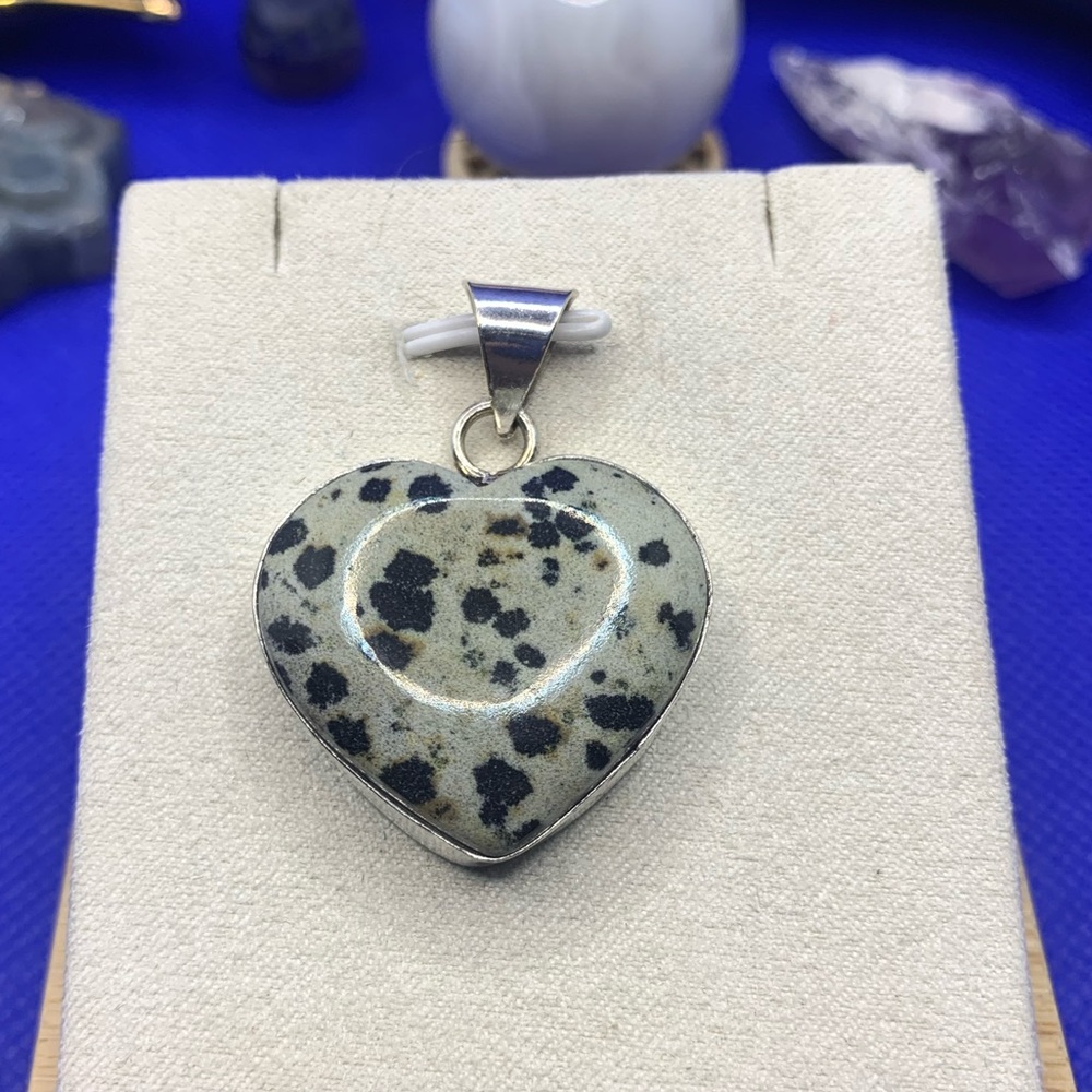 Sweet Dalmatian Stone Heart Pendant! .925 Sterling Silver Overlay
